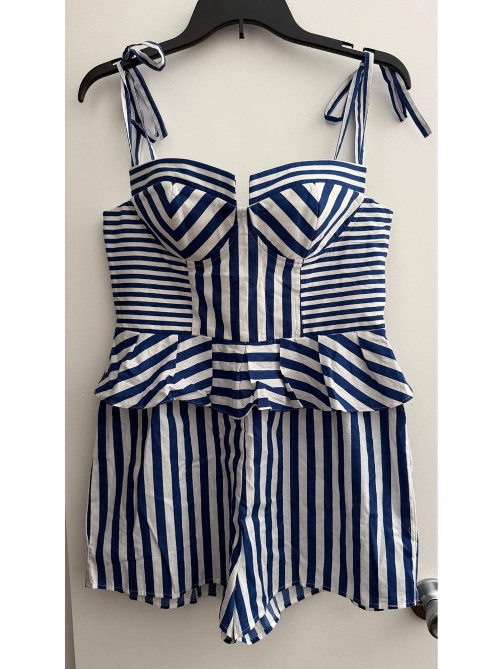 Yumi Kim Blue and White Striped Peplum Romper with Tie Shoulder Straps Size L